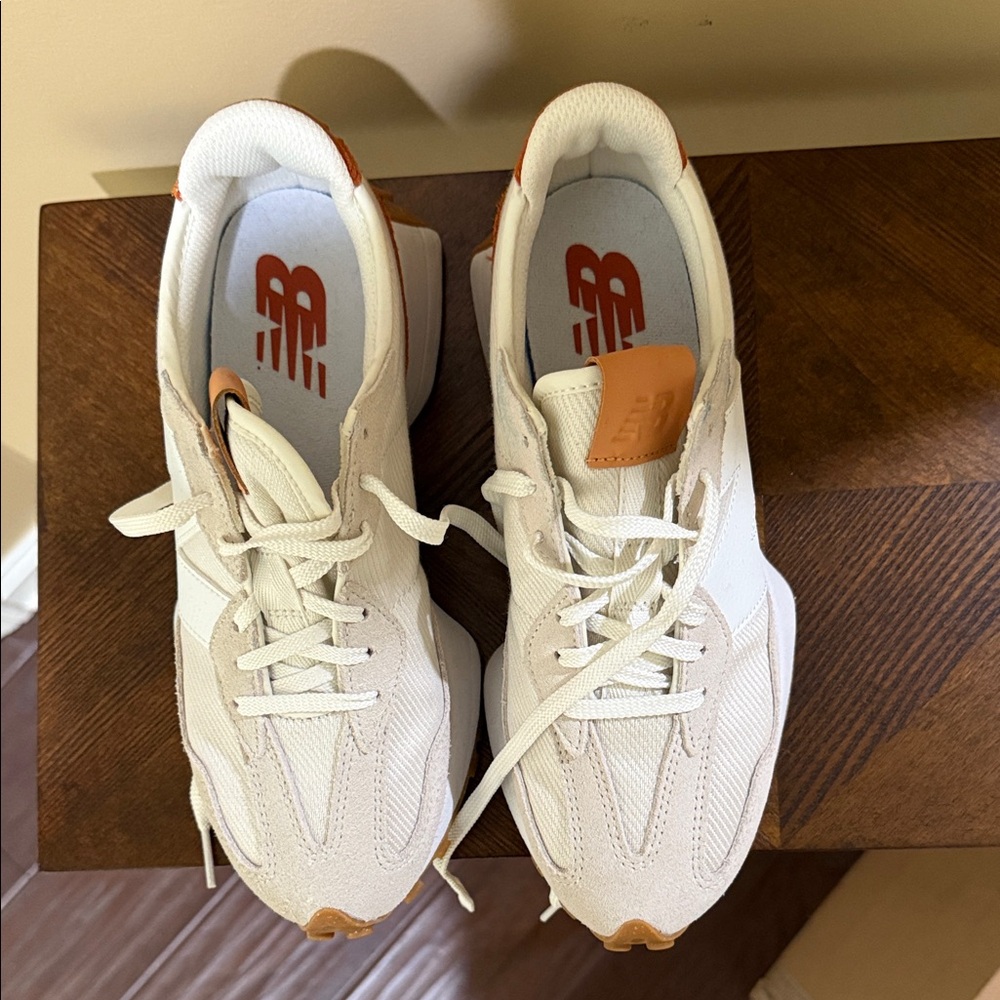 New Balance White and Tan Sneakers